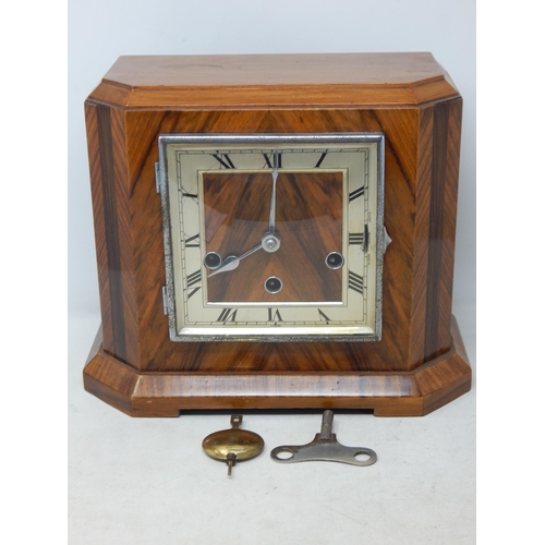 Art Deco Chiming Mantel Clock in Angular Wooden Case. Complete with Pendulum & Key: Measuring 28cm wide x 23cm high