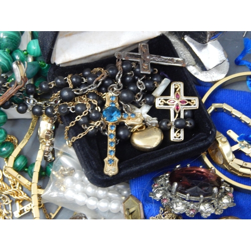 34 - Collection of costume jewellery, gold coloured items, beads etc