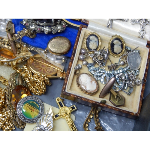 34 - Collection of costume jewellery, gold coloured items, beads etc