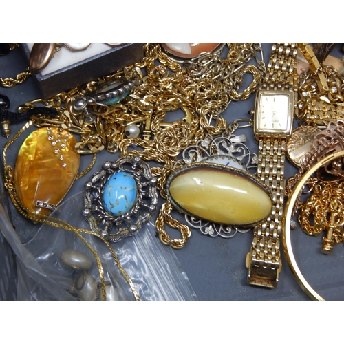 34 - Collection of costume jewellery, gold coloured items, beads etc