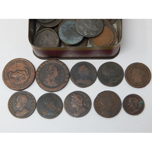 37 - Vintage biscuit tin containing a good range of early Copper coinage to include: 1812 Birmingham toke... 