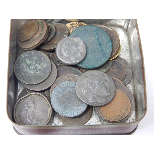 37 - Vintage biscuit tin containing a good range of early Copper coinage to include: 1812 Birmingham toke... 