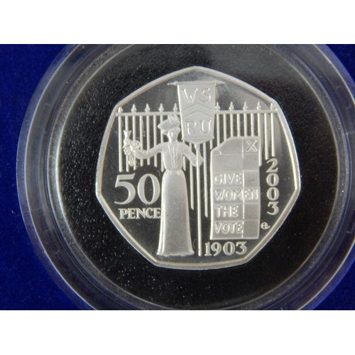 57 - 2003 Silver Proof PIEDFORT 3-Coin Collection Suffragette 50p, DNA £2, £1 in case with COA