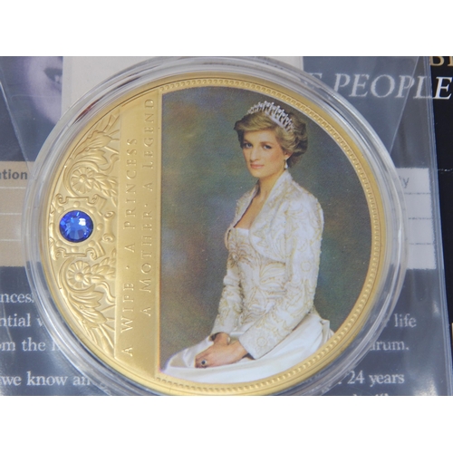 60 - Large Portraits of a Princess Diana 70mm medallion Gold Plated with colour and Swarovski 2013 with C... 