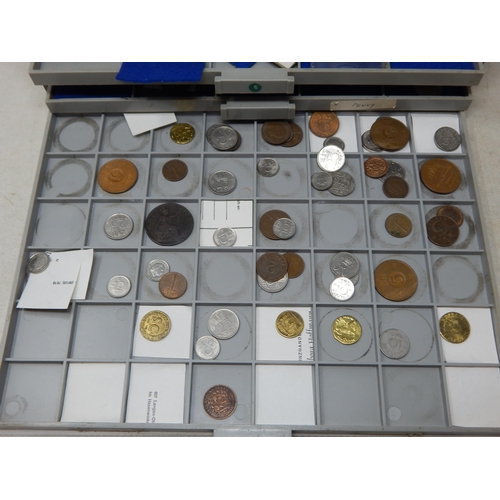 28 - A large collection of World coins, some in Silver housed in vintage 10-drawer coin cabinet