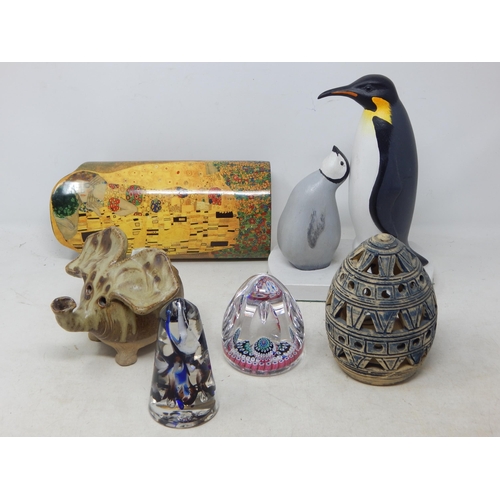 560 - A Quantity of Items including a Kustav Klimt Design Vase, Wooden Sculpture of a Penguin & Chick, Pap... 