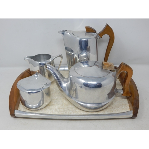 1950's Picquot Ware Tea Set Comprising: Tray, Teapot, Hot Water Pot, Milk Jug & Lidded Sugar Bowl.