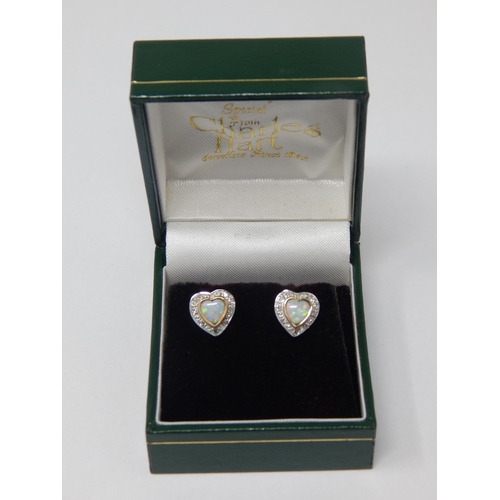 A Pair of 9ct Gold Heart Shaped Earrings Set with a Central Opal within a Diamond Border by Charles Hart in Fitted Case