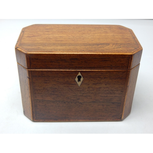 George III Mahogany Twin Division Tea Caddy with Canted Corners & Hinged Lid: Measuring 18cm wide x 10.5cm deep x 13.5cm high