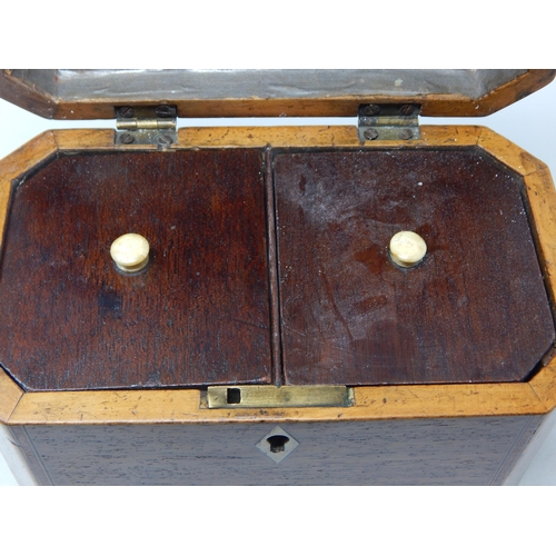 281 - George III Mahogany Twin Division Tea Caddy with Canted Corners & Hinged Lid: Measuring 18cm wide x ... 