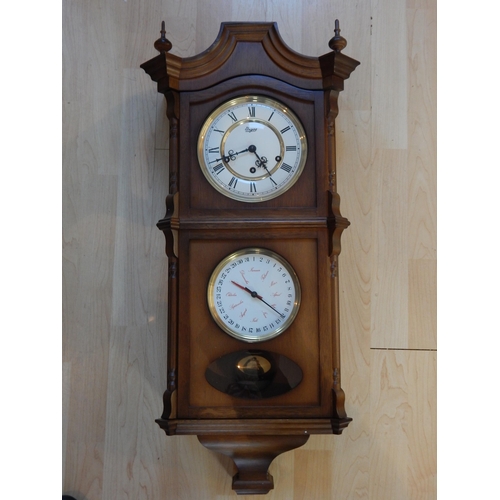 283 - Wooden Case Vienna Style Wall Clock with Lower Day & Calendar Dial: 75cm high