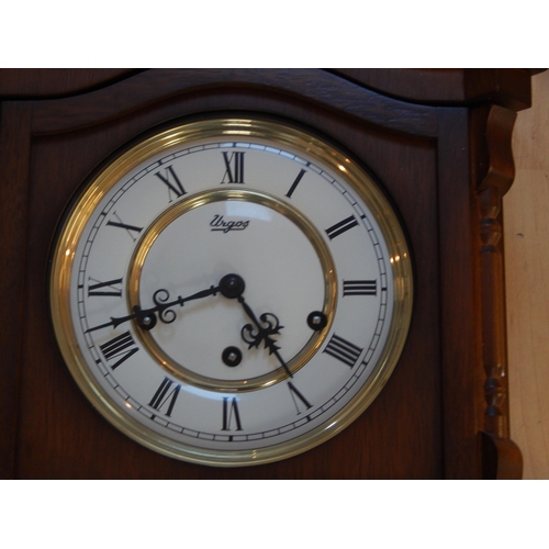 283 - Wooden Case Vienna Style Wall Clock with Lower Day & Calendar Dial: 75cm high