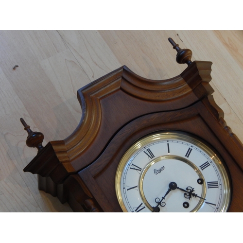 283 - Wooden Case Vienna Style Wall Clock with Lower Day & Calendar Dial: 75cm high