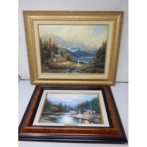 Thomas Kinkade (American 1958-2012) Limited Edition Canvas Prints: Beginning of a Perfect Day, End of a Perfect Day II: All with Certificates of Authenticity: Measuring 54.5cm x 44.5 & 47cm x 39cm Including Frames. Together with The Thomas Kinkade Hardback Publication "Painter of Light Brushstrokes Collection" in Box of Issue