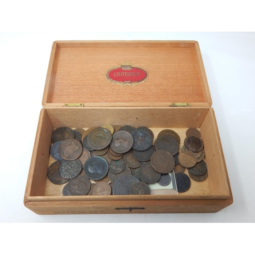 1 - A vintage cigar box containing an assortment of early copper issues including:  Lower Canada Trade a... 