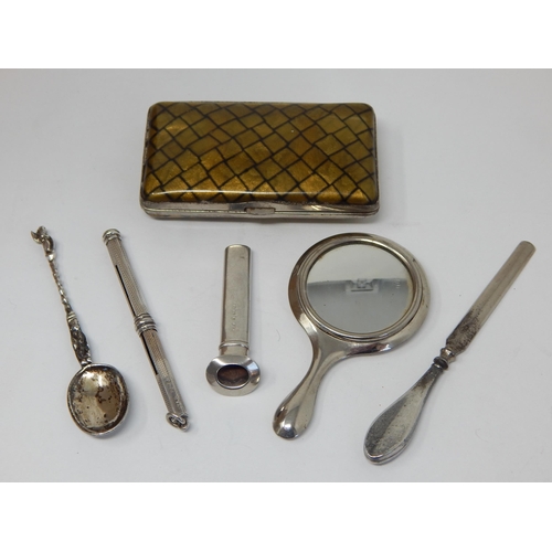 A Group of Silver Items Including a Posy Holder, Pencil Holder, Miniature Mirror, Victorian Spoon etc together with a white metal & shell cigarette case