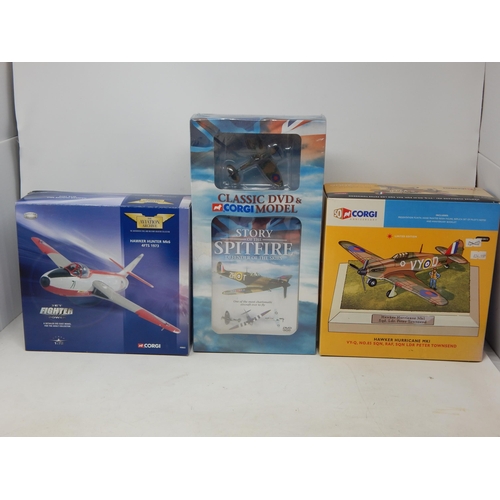 358 - CORGI: 1:72 Scale Hawker Hunter Mk6. 1:72 Scale Hawker Hurricane Mk1 & Spitfire (All Boxed)