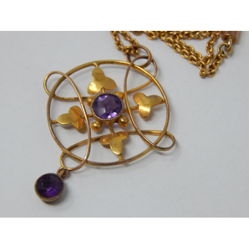 102 - Edwardian 9ct Gold pendant Set with a Central Amethyst and a Further Amethyst en tremblant on 9ct Go... 