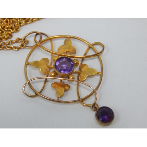 102 - Edwardian 9ct Gold pendant Set with a Central Amethyst and a Further Amethyst en tremblant on 9ct Go... 