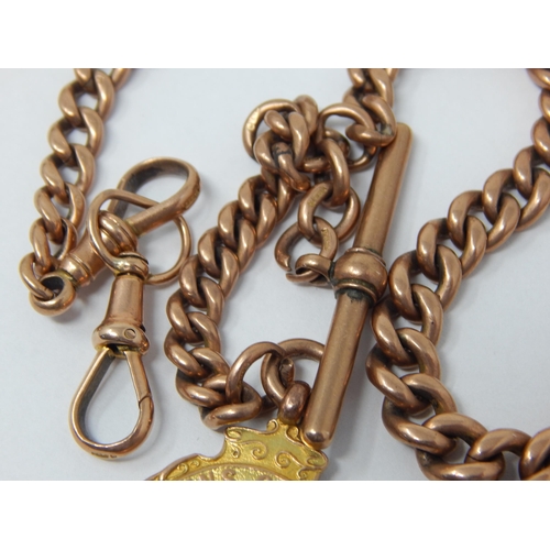 103 - Heavy 9ct Rose Gold Albert Chain with T-Bar, Two Clips & Attached 9ct Yellow Gold Fob: Every Link is... 