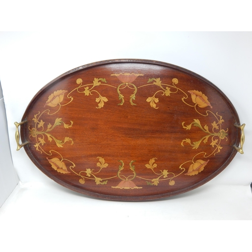 401 - Art Nouveau Mahogany Inlaid Galleried Tray with Brass Handles: Measures 62cm x 40cm