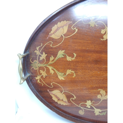 401 - Art Nouveau Mahogany Inlaid Galleried Tray with Brass Handles: Measures 62cm x 40cm