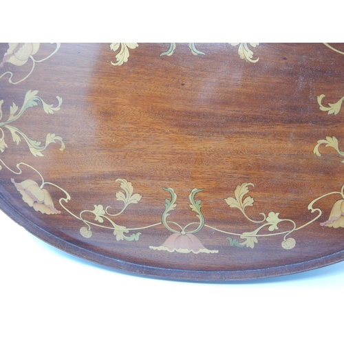 401 - Art Nouveau Mahogany Inlaid Galleried Tray with Brass Handles: Measures 62cm x 40cm