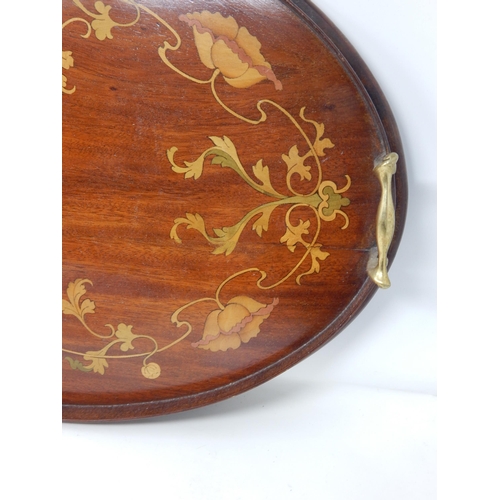 401 - Art Nouveau Mahogany Inlaid Galleried Tray with Brass Handles: Measures 62cm x 40cm