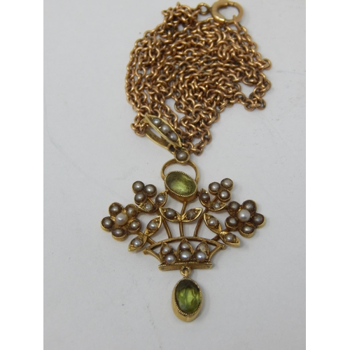 54 - Edwardian 15ct Gold Pendant Set with Peridot, Seed Pearl & en tremblant Peridot Drop on Gold Chain: ... 