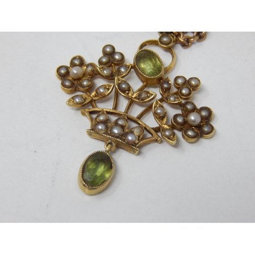 54 - Edwardian 15ct Gold Pendant Set with Peridot, Seed Pearl & en tremblant Peridot Drop on Gold Chain: ... 