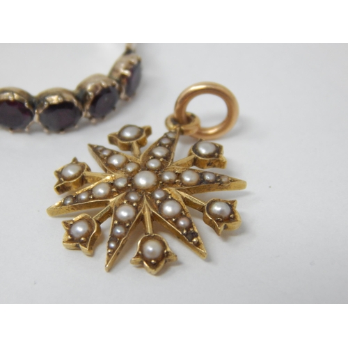 57 - Victorian Unmarked Gold Star Pendant Set with Seed Pearls, Gold Ring Set with garnets & a Pair of 9c... 