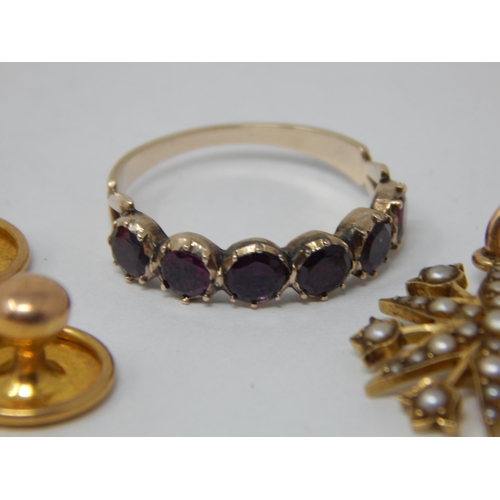 57 - Victorian Unmarked Gold Star Pendant Set with Seed Pearls, Gold Ring Set with garnets & a Pair of 9c... 