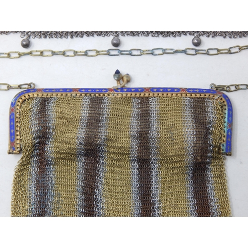 62 - Two Early C20th White Metal Mesh Evening Bags with Sapphire Cabochon Clasps. One with an Enamel Fram... 