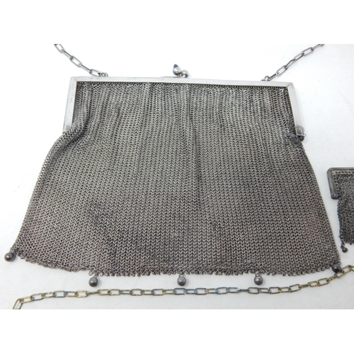 62 - Two Early C20th White Metal Mesh Evening Bags with Sapphire Cabochon Clasps. One with an Enamel Fram... 