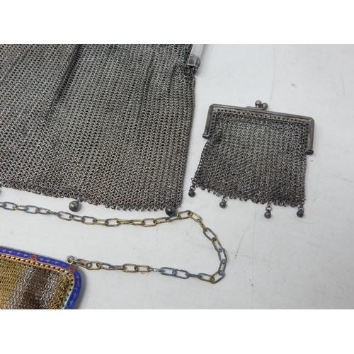 62 - Two Early C20th White Metal Mesh Evening Bags with Sapphire Cabochon Clasps. One with an Enamel Fram... 