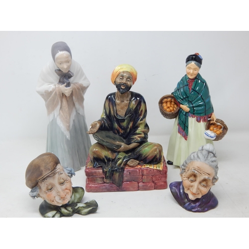 Royal Doulton Figures: The Orange Lady HN 1953 (21cm h) Mendieant HN 1365 A/F together with a Royal Copenhagen Figure 893 (24cm h) & a pair of Naples Figures of an old man & lady.