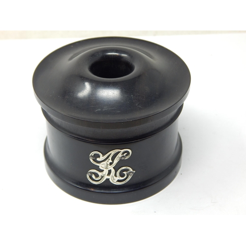 502 - George V Silver Mounted Ebony Hair Tidy Pot: Hallmarked Birmingham 1926 by Adie & Lovekin