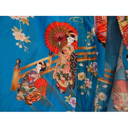 504 - Japanese Kimono with Scenes of Geisha Girls on Blue Ground.