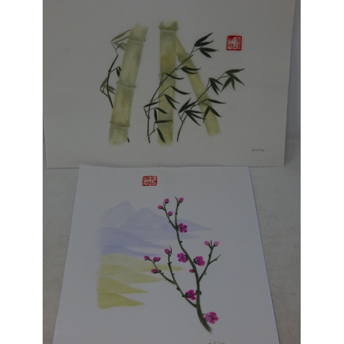 525 - Two Chinese Paintings on Rice Paper Depicting Blossom & Bamboo with Red Seal Marks & Dated 92: Measu... 