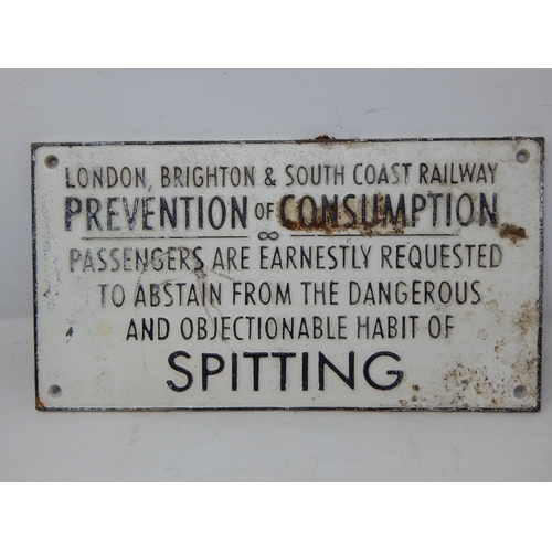 Cast Iron London, Brighton & South Coast Railway Sign "Prevention of Consumption" 29.5cm x 16cm