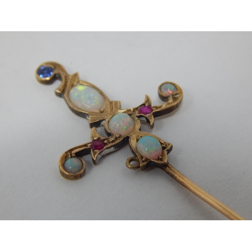 80 - Victorian 15ct Gold Lapel Pin Formed as a Sword & Set with Opals, Rubies & a Sapphire: 6.5cm