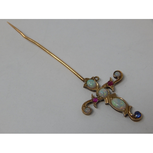 80 - Victorian 15ct Gold Lapel Pin Formed as a Sword & Set with Opals, Rubies & a Sapphire: 6.5cm