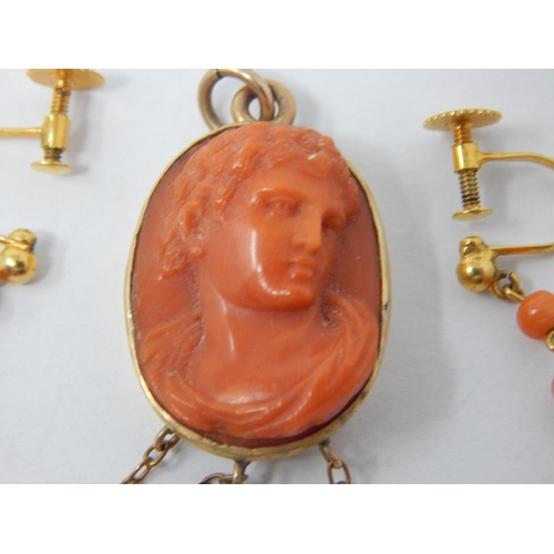 90 - Antique 9ct Gold Pendant Inset with a Carved Coral Portrait in relief of a Roman Emperor together wi... 