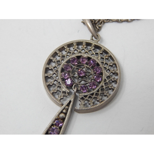 92 - Edwardian Silver Circular Pendant Necklace Set with Amethysts with an en tremblant amethyst set drop... 