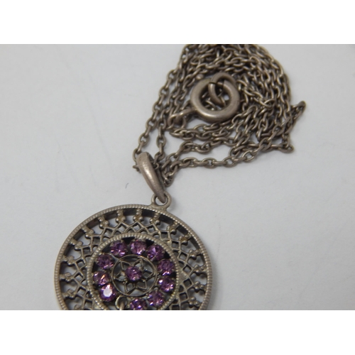 92 - Edwardian Silver Circular Pendant Necklace Set with Amethysts with an en tremblant amethyst set drop... 