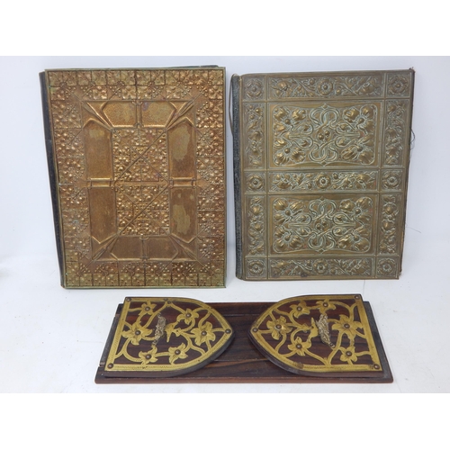 483 - A Victorian Brass Bound Book slope together with Two Large Art Nouveau Brass Writing Pad Covers