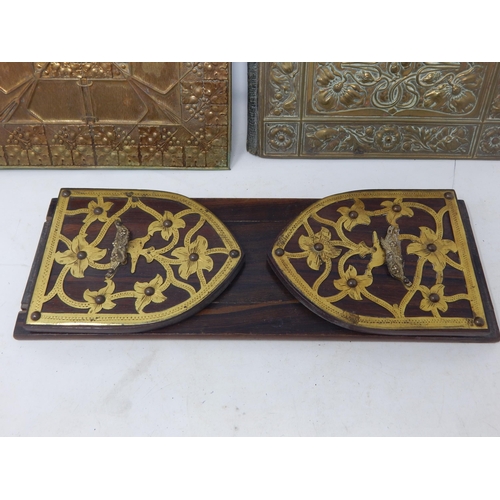 483 - A Victorian Brass Bound Book slope together with Two Large Art Nouveau Brass Writing Pad Covers