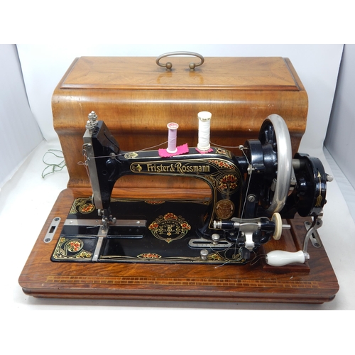 490 - Frister & Rosmann Hand Crank Sewing Machine in Fitted Wooden Case with Key