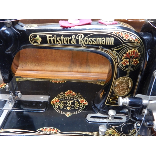 490 - Frister & Rosmann Hand Crank Sewing Machine in Fitted Wooden Case with Key