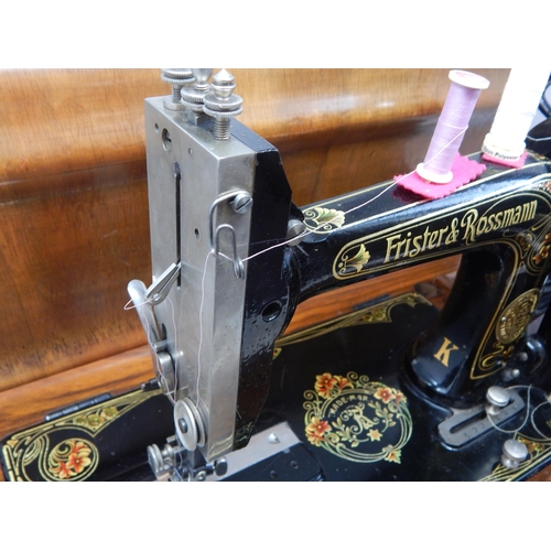 490 - Frister & Rosmann Hand Crank Sewing Machine in Fitted Wooden Case with Key